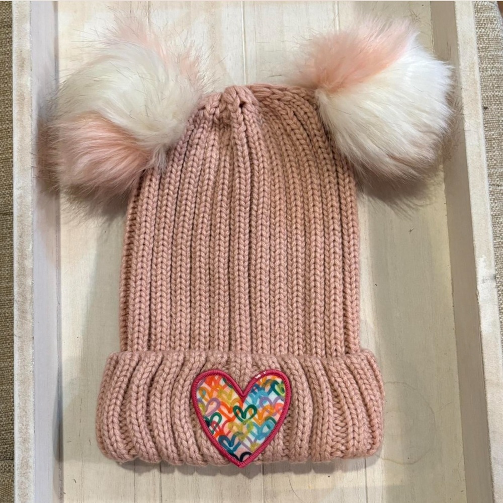 Happy Hearts Pink Winter Beanie Hat with Faux Fur Pompoms